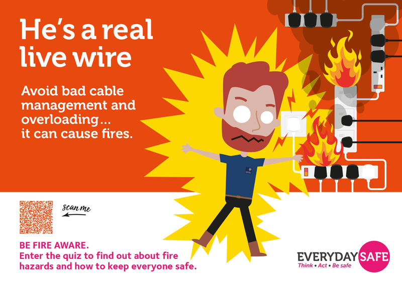 Be Fire Aware poster with man causing a fire by overloading plug sockets. Text reads: 'He's a real live wire. Avoid bad cable management and overloading... it can cause fires'