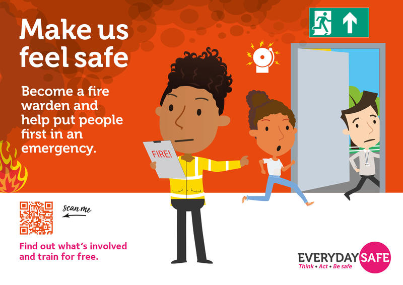 Be Fire Aware poster with fire warden pointing people to the emergency exit. Text reads: 'Make us feel safe. Become a fire warden and help put people first in an emergency'